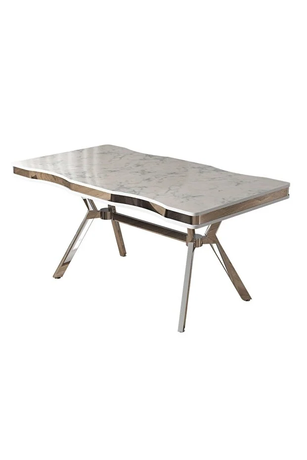 Beyaz Mermer Desen 90x160 Lak Panel Yemek Masası Krom Ayak